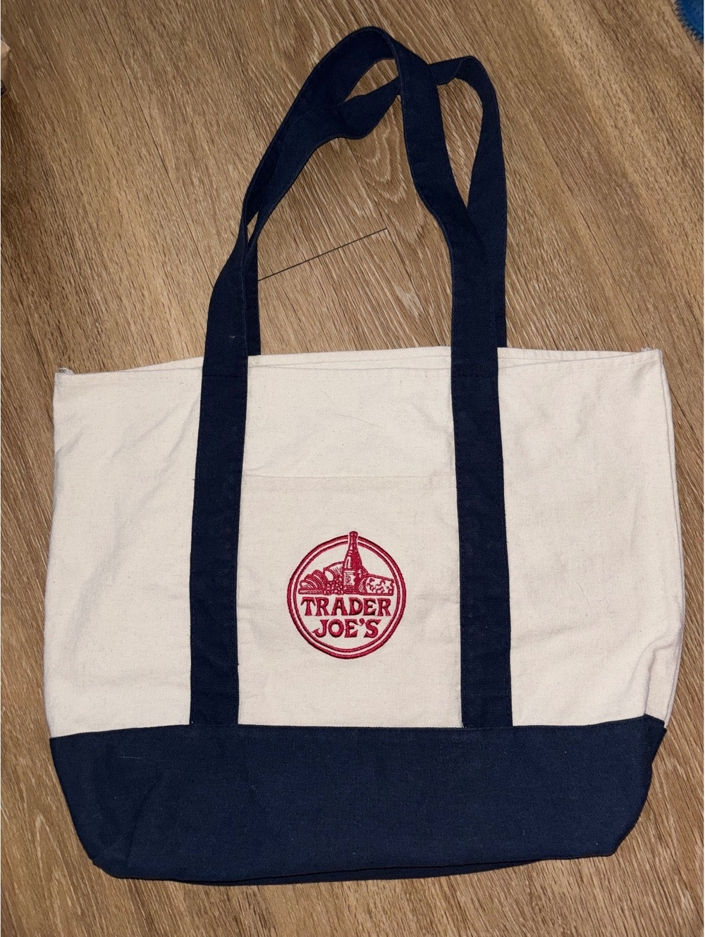 Trader Joe’s Canvas Tote Bag Navy Blue Embroidered Logo D171